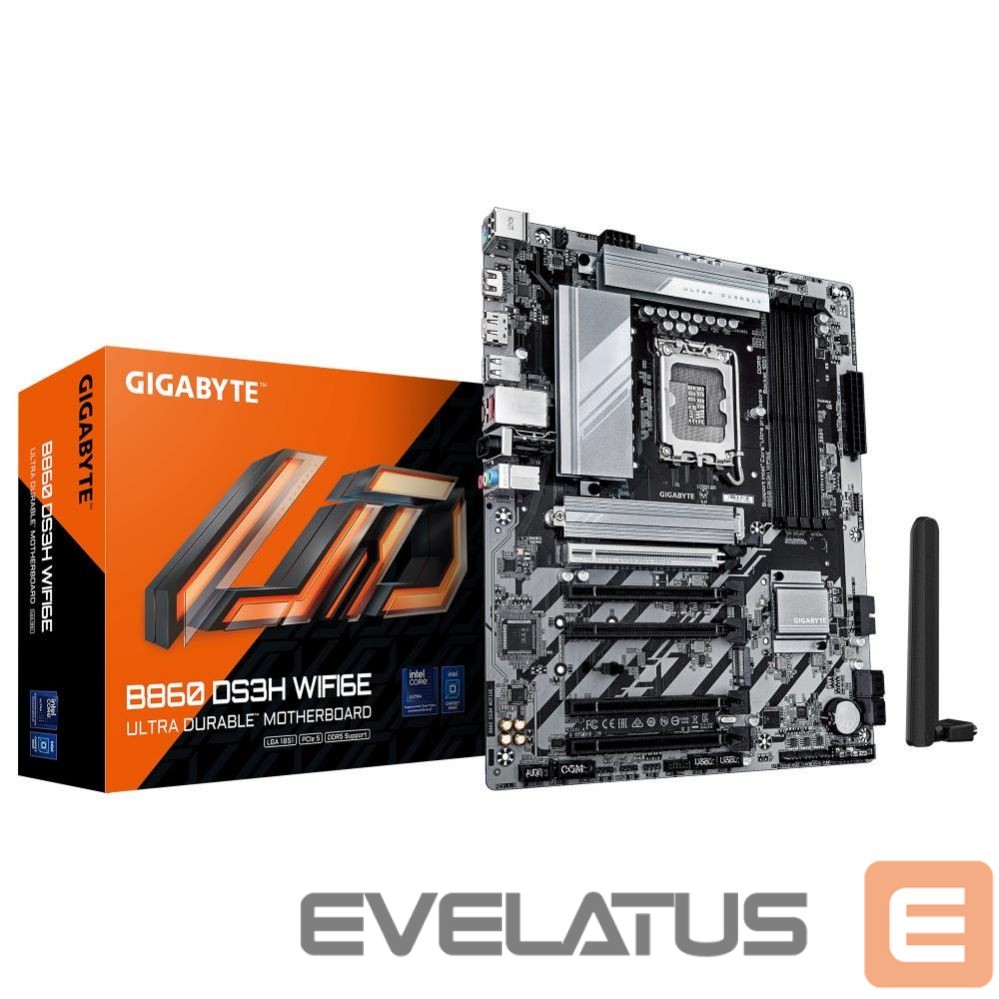 Pamatplate Intel procesorsiem Gigabyte Mainboard||Intel B860 Express|LGA1851|ATX|Memory DDR5|5xPCI-Express 16x|2xM.2|1xHDMI|1xDisplayPort|1xAudio-In|1xAudio-Out|1xMicrophone|1xUSB 2.0|1xUSB 3.2|1xUSB-C|1xPS/2|1xRJ45|B860DS3HWIFI6E1.0