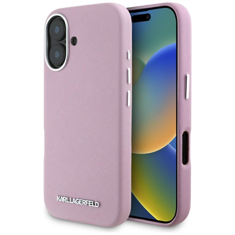 Citas preces Karl Lagerfeld Karl Lagerfeld Saffiano Full Wrapped Elongated Metal Logo MagSafe iPhone 16 Case - Pink