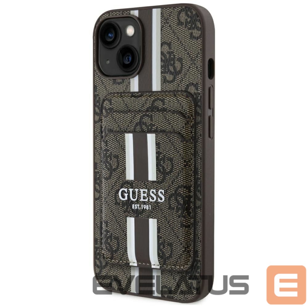 Citas preces Guess Guess 4G Stripes case with Magsafe wallet for iPhone 15 brown
