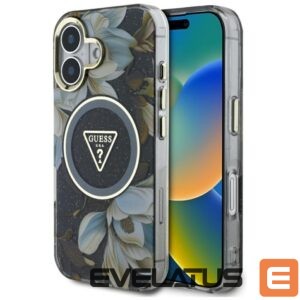Citas preces Guess  Guess Glitter Flowers Triangle Buttons MagSafe case for iPhone 16 black 