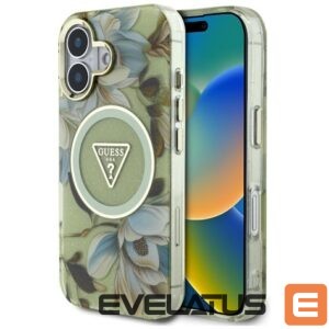 Citas preces Guess  Guess Glitter Flowers Triangle Buttons MagSafe case for iPhone 16 green 