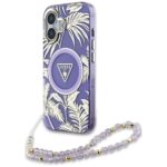 Citas preces Guess  Guess Palm Trees Triangle Pearl Strap MagSafe case for iPhone 16 purple 