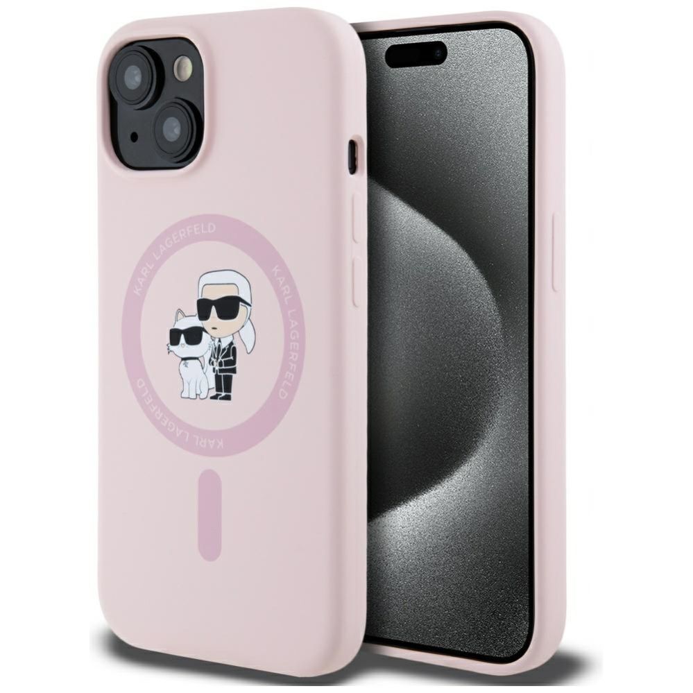 Citas preces Karl Lagerfeld Karl Lagerfeld Silicone Karl&Choupette MagSafe iPhone 15 Plus Case - Pink