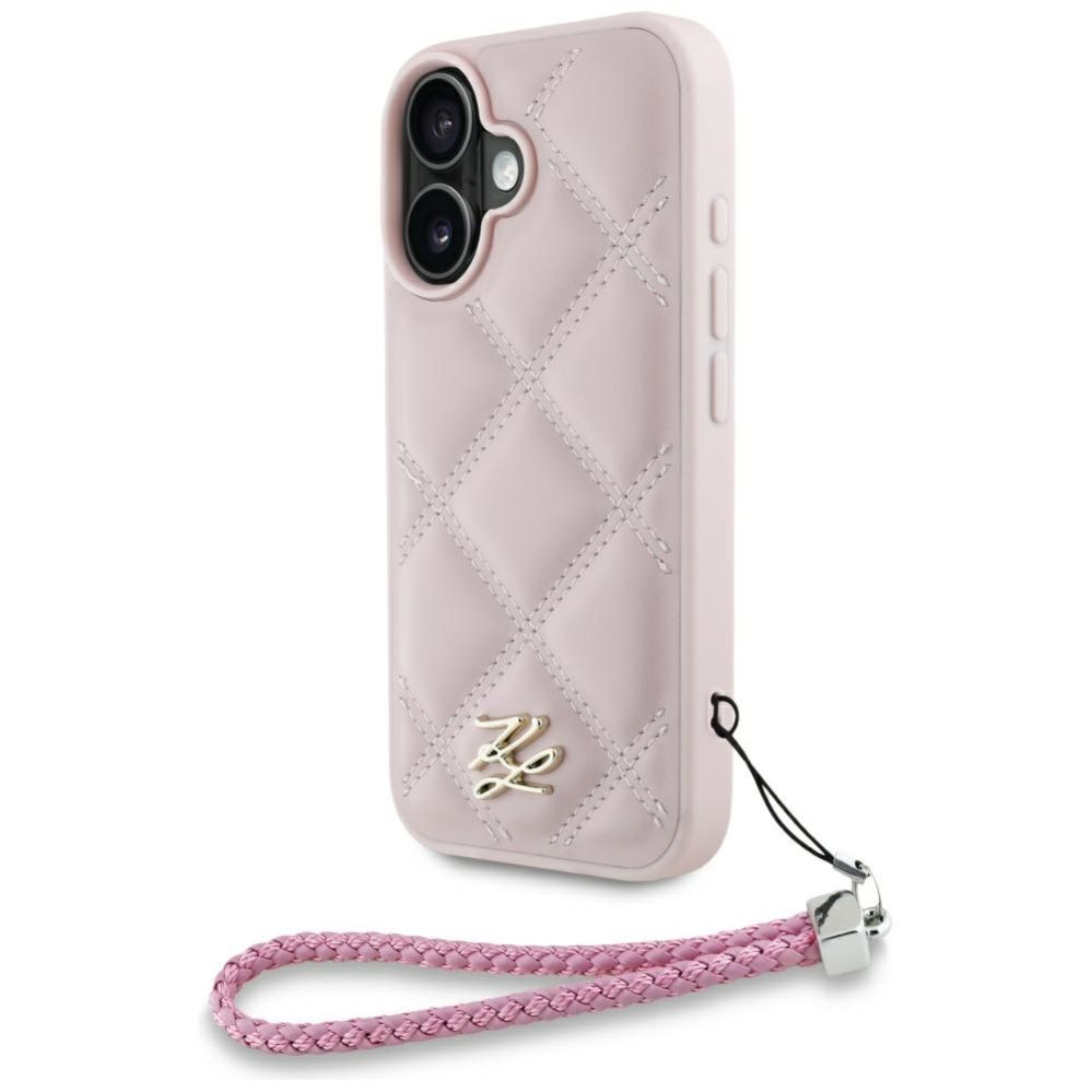 Citas preces Karl Lagerfeld Karl Lagerfeld Quilted Initial Logo & Chain Strap iPhone 16 Case - Pink