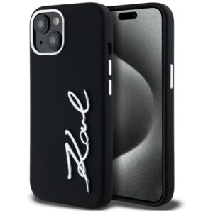 Citas preces Karl Lagerfeld  Karl Lagerfeld Silicone Metal Script Logo iPhone 15 Case - Black 
