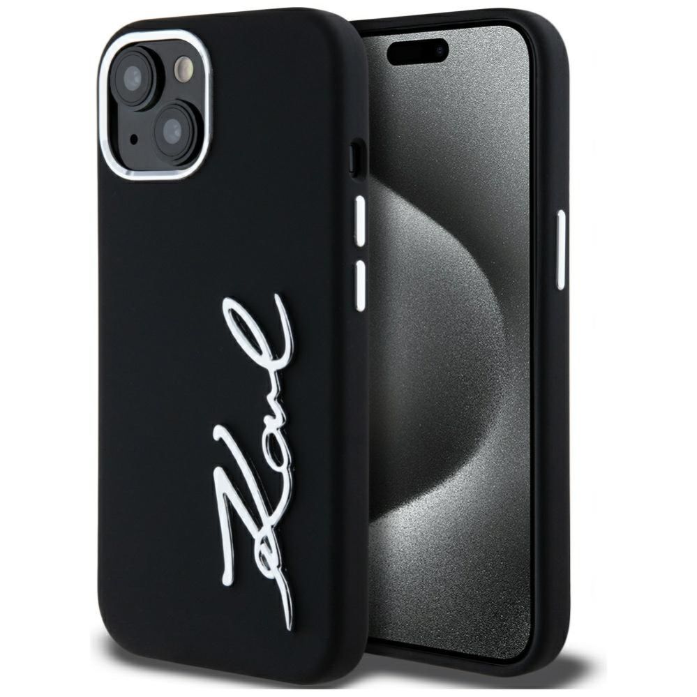 Citas preces Karl Lagerfeld Karl Lagerfeld Silicone Metal Script Logo iPhone 15 Case - Black