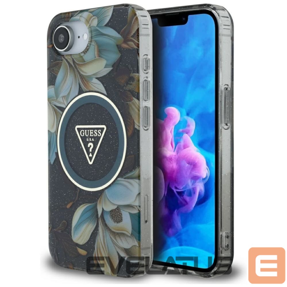 Citas preces Guess Guess IML Metal Glitter Flowers Triangle MagSafe case for iPhone 16e - black