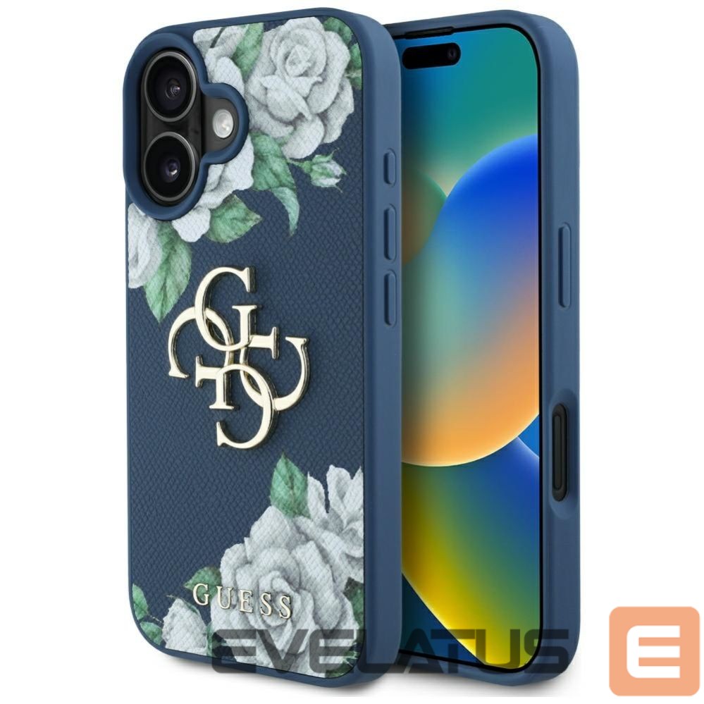 Citas preces Guess Guess Grained Roses Big 4G logo case for iPhone 16 - blue