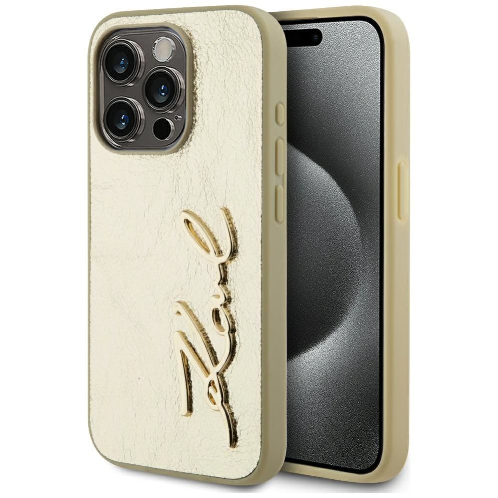 Citas preces Karl Lagerfeld Karl Lagerfeld Wrinkled Metal Signature iPhone 15 Pro Max Case - Gold