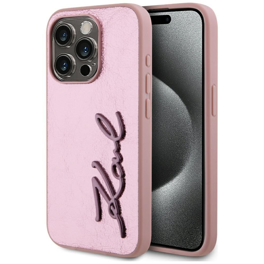 Citas preces Karl Lagerfeld Karl Lagerfeld Wrinkled Metal Signature iPhone 15 Pro Case - Pink