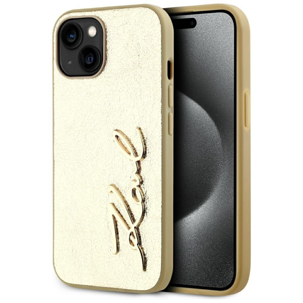 Citas preces Karl Lagerfeld Karl Lagerfeld Wrinkled Metal Signature iPhone 15 Case - Gold