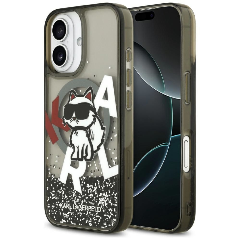 Citas preces Karl Lagerfeld Karl Lagerfeld Liquid Glitter Choupette Logo MagSafe iPhone 17 Case - Black