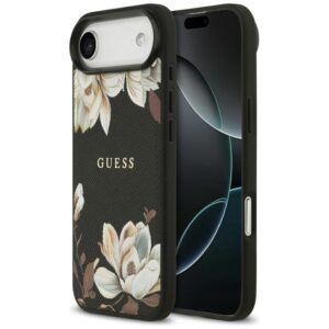 Citas preces Guess  Guess Grained Flowers Classic Logo MagSafe case for iPhone Air - black 