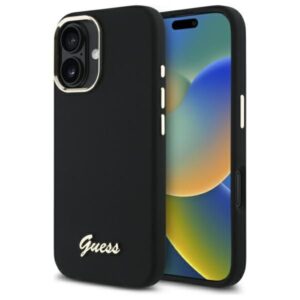 Citas preces Guess  Guess Silicone Script Metal Logo & Frame Case for iPhone 16 Plus - Black 