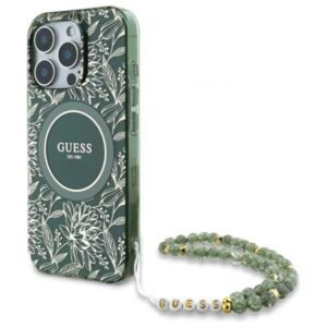 Citas preces Guess  Guess IML Flowers Allover Electro With Pearl Strap MagSafe case for iPhone 16 Pro Max - green 