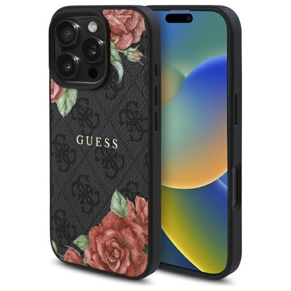 Citas preces Guess Guess GUHMP16LP4ROPEMCK iPhone 16 Pro 6.3" black/black hardcase 4G Flowers Print MagSafe