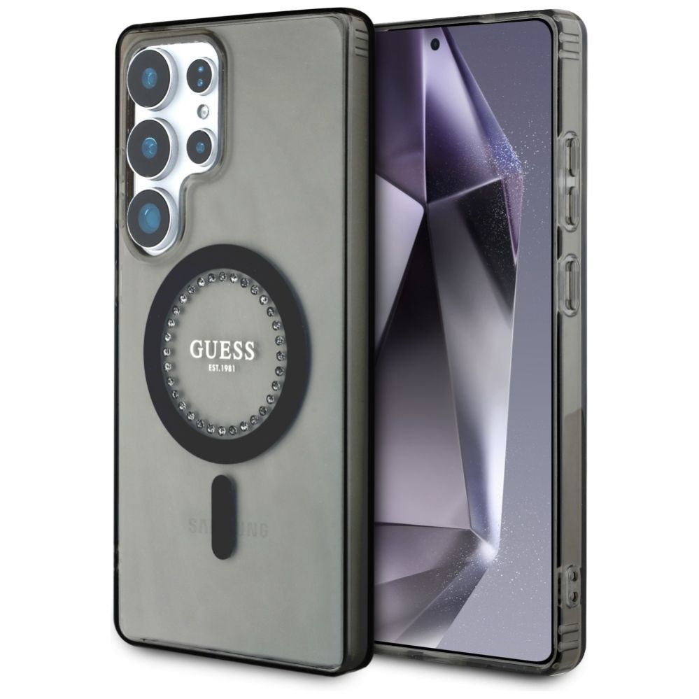 Citas preces Guess Guess Rhinestones Printed Classic Logo MagSafe Samsung Galaxy S25 Ultra case black