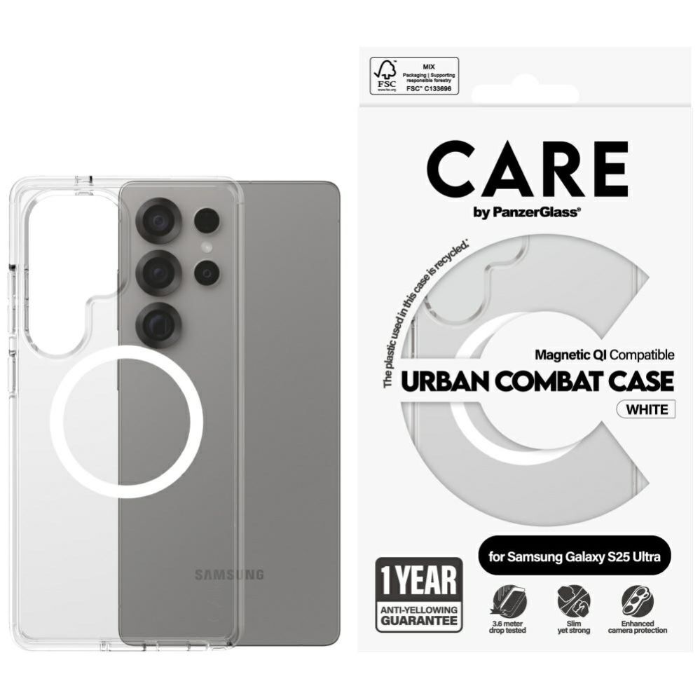 Citas preces Panzer Glass CARE by PanzerGlass Flagship Urban Combat White QI Case for Samsung Galaxy S25 Ultra - Transparent