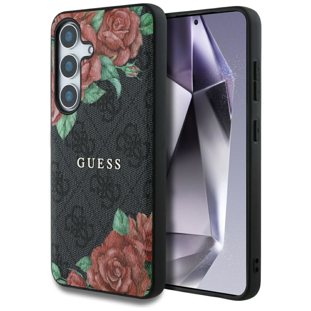 Citas preces Guess Guess Leather 4G Flowers Print Metal Classic Logo MagSafe Case for Samsung Galaxy S25 - Black
