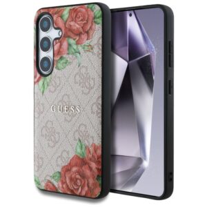 Citas preces Guess  Guess Leather 4G Flowers Print Metal Classic Logo MagSafe Case for Samsung Galaxy S25 - Pink 
