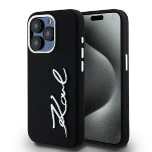 Citas preces Karl Lagerfeld  Karl Lagerfeld Silicone Metal Script Logo iPhone 15 Pro Max Case - Black 