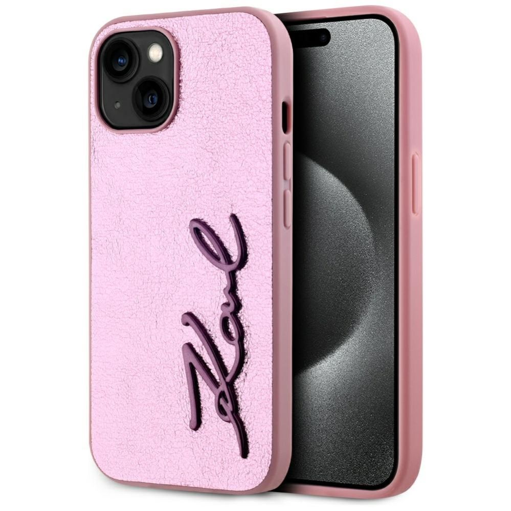 Citas preces Karl Lagerfeld Karl Lagerfeld Wrinkled Metal Signature iPhone 15 Case - Pink