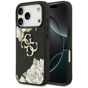 Citas preces Guess  Guess Grained Roses & Big 4G Logo iPhone 17 Pro Case - Black 