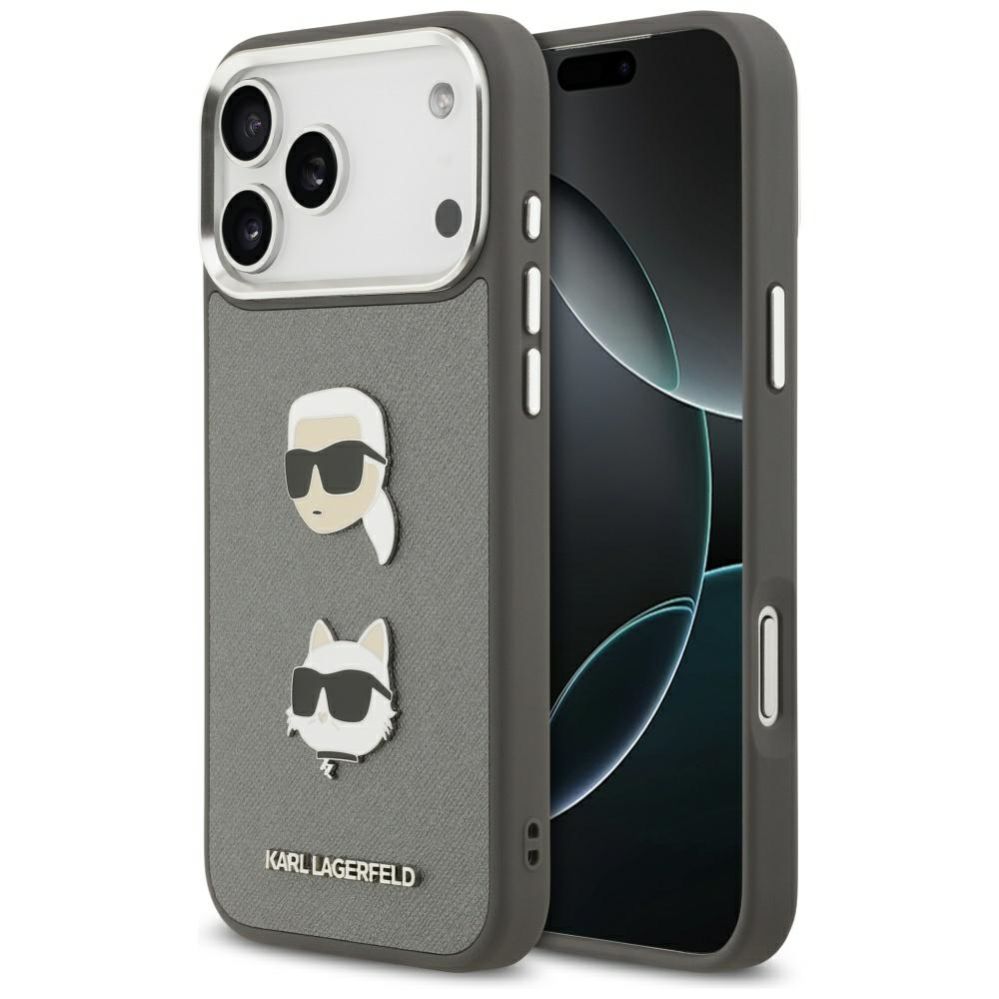 Kitos prekės Karl Lagerfeld Karl Lagerfeld FW Grained Karl & Choupette Heads Pins & Logo iPhone 17 Pro Max Case - Gray
