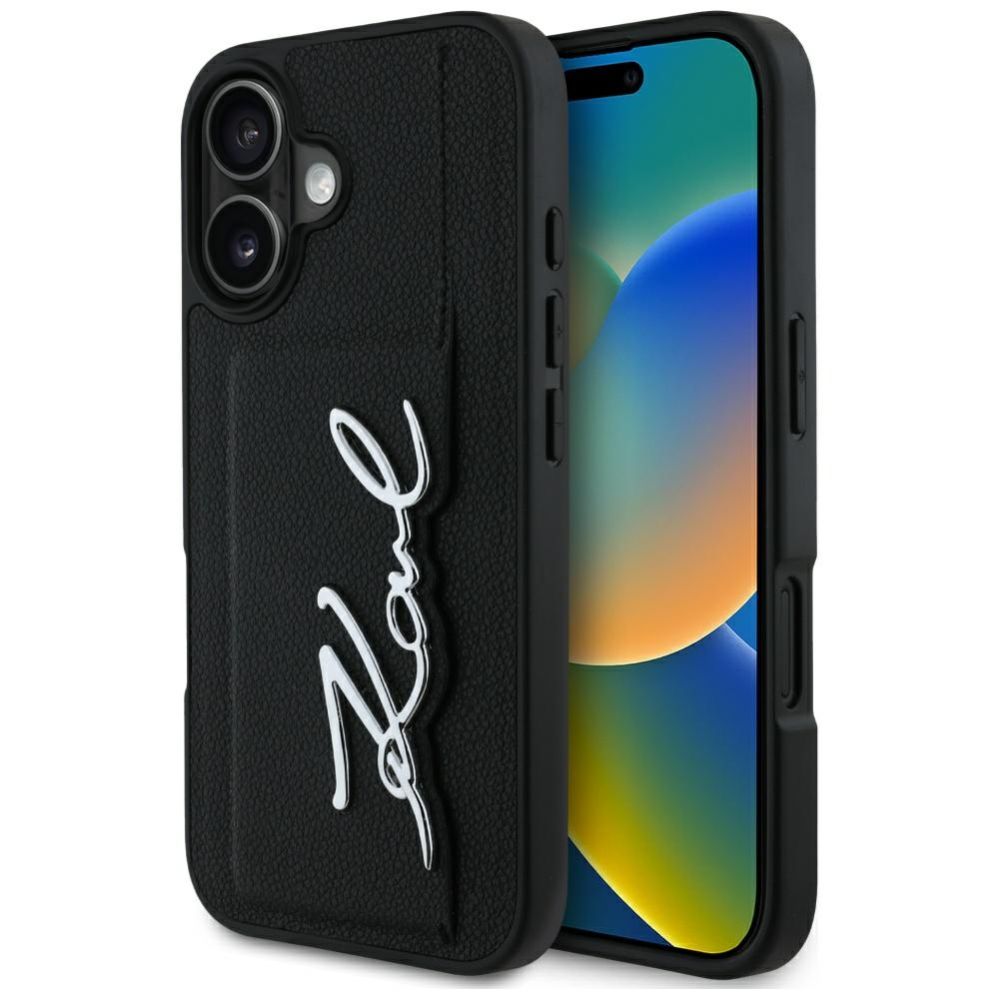 Kitos prekės Karl Lagerfeld Karl Lagerfeld HC Grained PU Cardslot Metal Signature iPhone 16 Case - Black