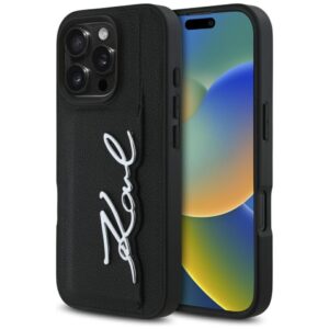 Kitos prekės Karl Lagerfeld  Karl Lagerfeld HC Grained PU Cardslot Metal Signature iPhone 16 Pro Case - Black 