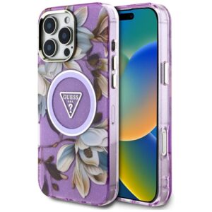 Citas preces Guess  Guess Glitter Flowers Triangle Buttons MagSafe Case for iPhone 16 Pro Max Purple 