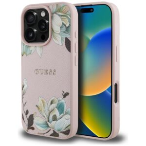 Citas preces Guess  Guess Grained Printed Flower Pattern MagSafe Case for iPhone 16 Pro Pink 