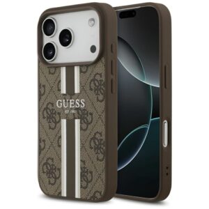Citas preces Guess  Guess 4G Printed Stripes MagSafe case for iPhone 17 Pro - brown 