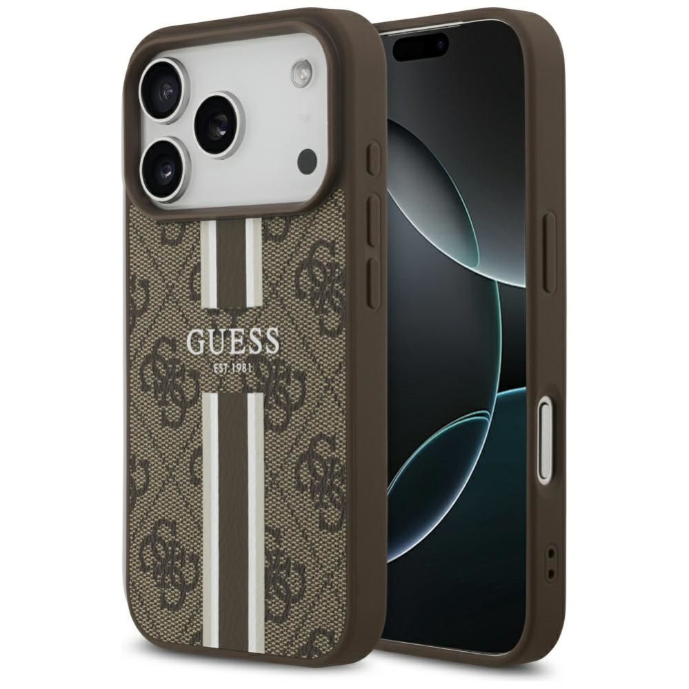 Citas preces Guess Guess 4G Printed Stripes MagSafe case for iPhone 17 Pro - brown