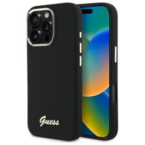 Citas preces Guess  Guess Silicone Script Metal Logo & Frame Case for iPhone 16 Pro Max - Black 
