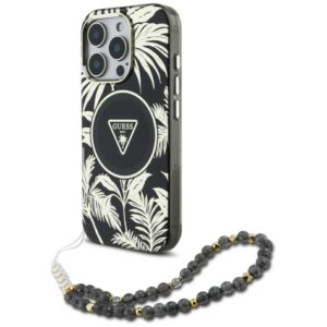 Citas preces Guess  Guess Palm Trees Triangle Pearl Strap MagSafe case for iPhone 16 Pro black 
