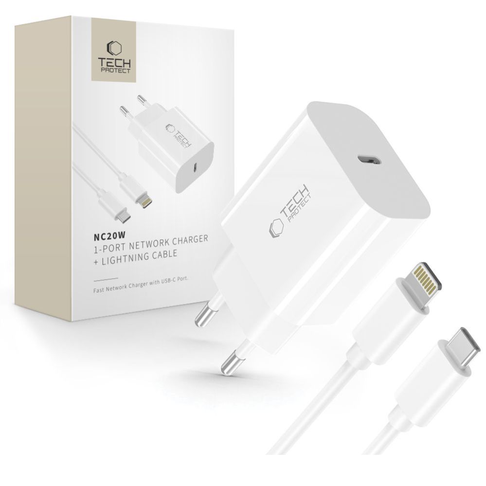 Other goods Tech-Protect Tech-Protect NC20W Wall Charger with 100 cm USB-C / Lightning Cable - White