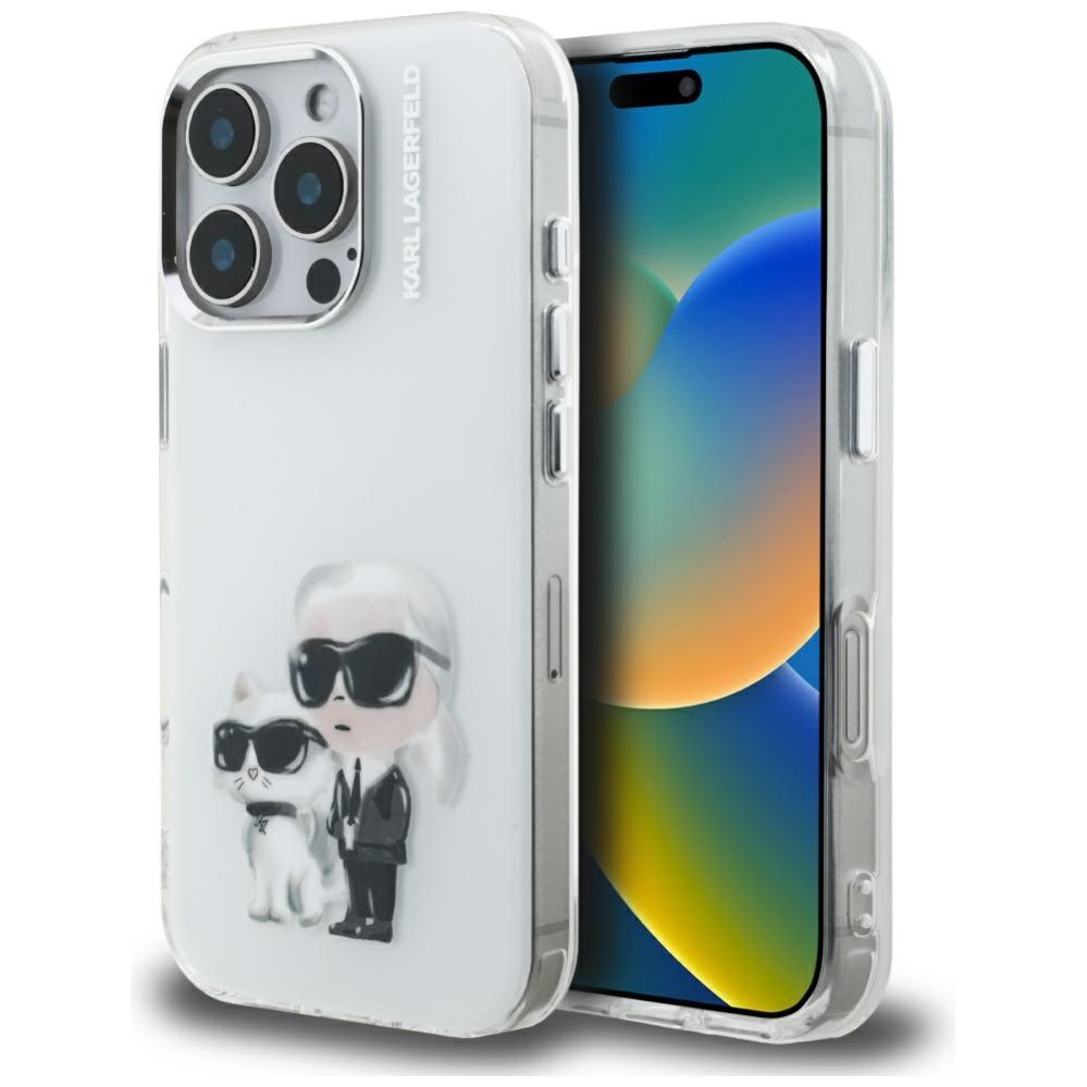 Kitos prekės Karl Lagerfeld Karl Lagerfeld IML Aquarelle Karl & Choupette & Logo Case for iPhone 16 Pro Max - White