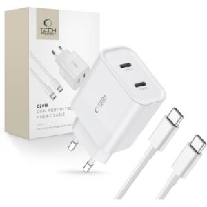 Adapteris Tech-Protect  Tech-Protect C20W 2x USB-C PD 20W charger with USB-C / USB-C cable - white 