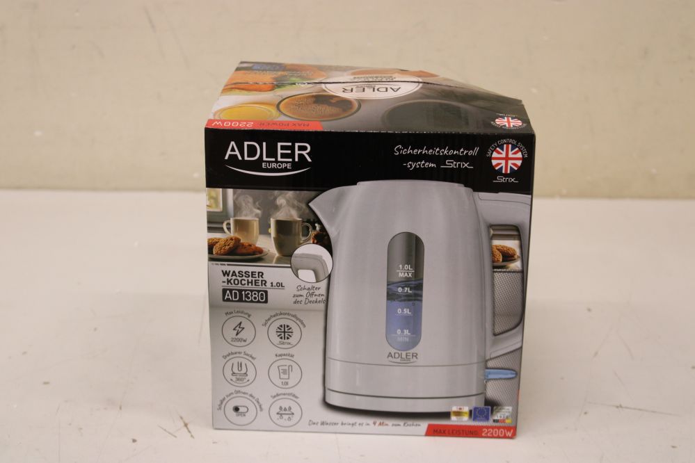 Virdulys Adler SALE OUT. AD 1380w Electric kettle, Plastic, 1 L, White | Kettle | AD 1380w | Electric | 2200 W | 1 L | Polypropylene | 360° rotational base | White | DAMAGED PACKAGING