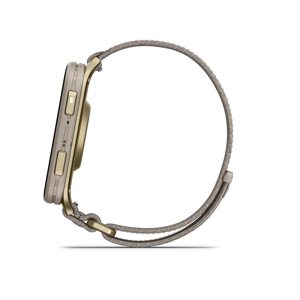 Nutikell Garmin Venu X1 Soft Gold with Titanium Caseback and French Grey Nylon Band