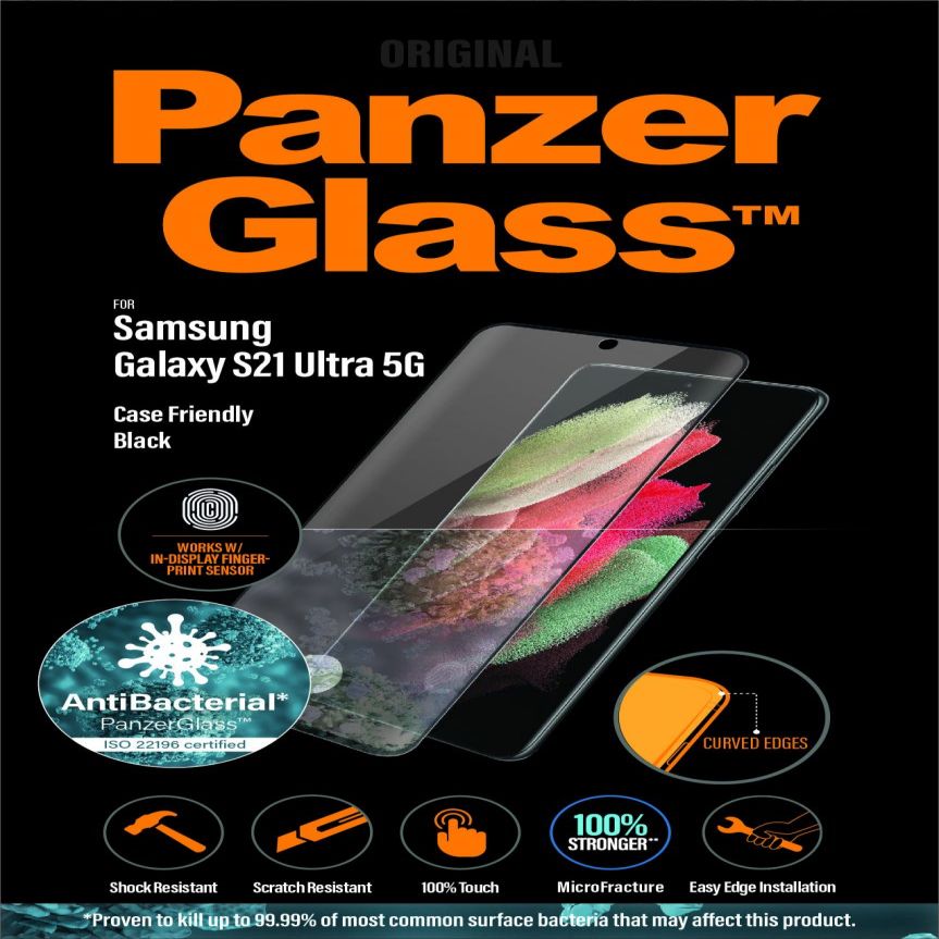 Back panel cover PanzerGlass Samsung, Galaxy S21 Ultra Series, Antibacterial glass, Black, Antifingerprint screen protector, Case Friendly, Compatible with the in-screen fingerprint reader