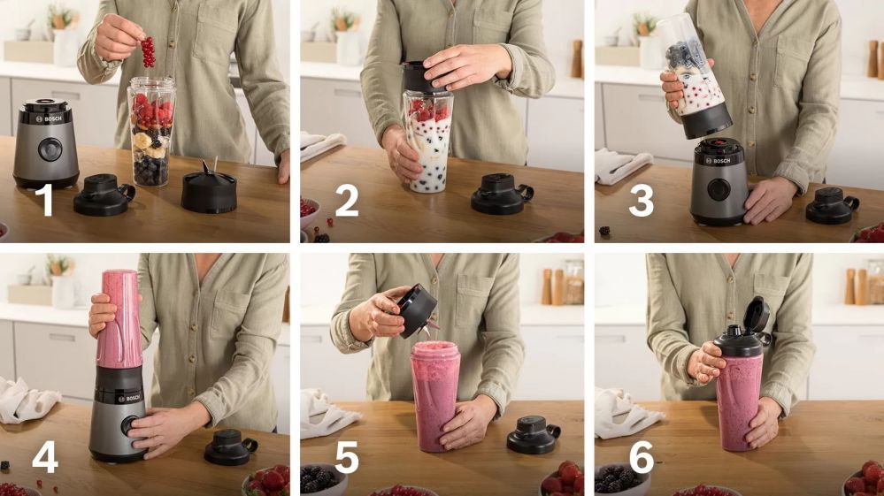 Mikserid ja blenderid Bosch VitaPower ToGo Smoothie Maker MMB2111S Tabletop, 450 W, Jar material Tritan, Jar capacity 0.6 L, Ice crushing, Silver