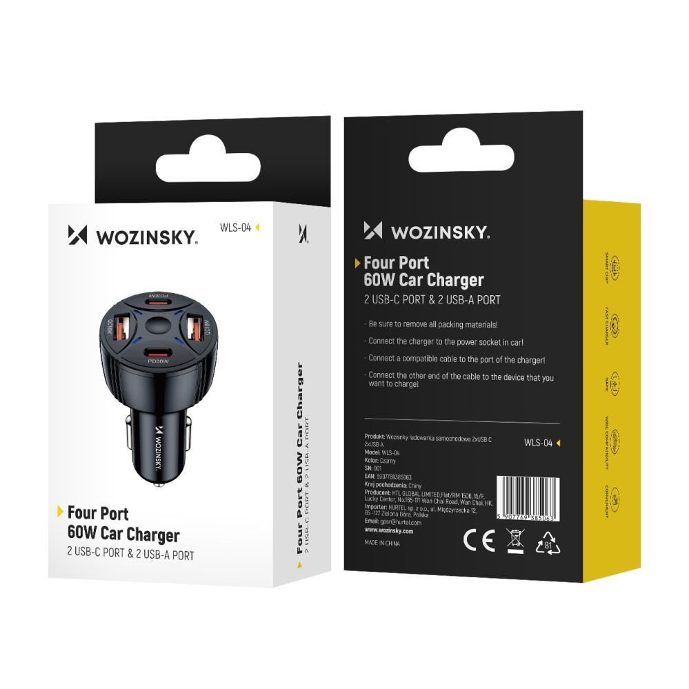 Другие товары Wozinsky Wozinsky WLS-04 60W Car Charger 2xUSB-C 2xUSB-A - Black