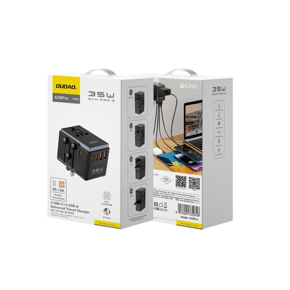 Adapteris Dudao Dudao A35Pro 35W EU / UK / AUS / US / JP travel adapter 3x USB-C 2x USB-A - black