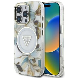 Kitos prekės Guess  Guess Glitter Flowers Triangle Buttons MagSafe Case for iPhone 16 Pro White 
