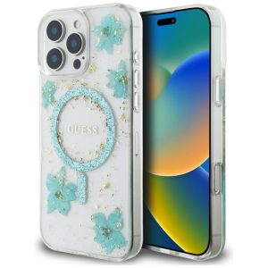 Kitos prekės Guess  Guess Resin Flowers Glitter MagSafe iPhone 16 Pro Case - Clear Green 