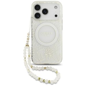 Kitos prekės Guess  Guess IML Flowers Electro Pearl Strap MagSafe Case for iPhone 17 Pro - White 