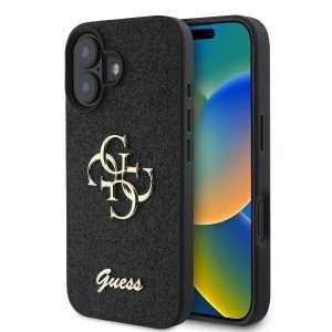 Tagakaaned Guess Apple iPhone 16 Plus PU Fixed Glitter 4G Metal Logo Case Black