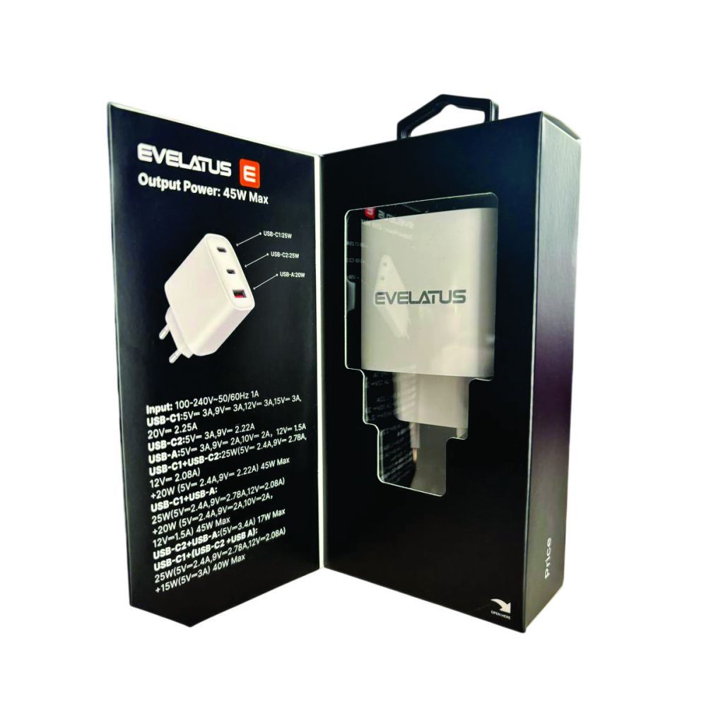 Adaptrid Evelatus 45W Max Fast Charger EU USB-C1/USB-C1/USB-A - RCE-4501ACCL White